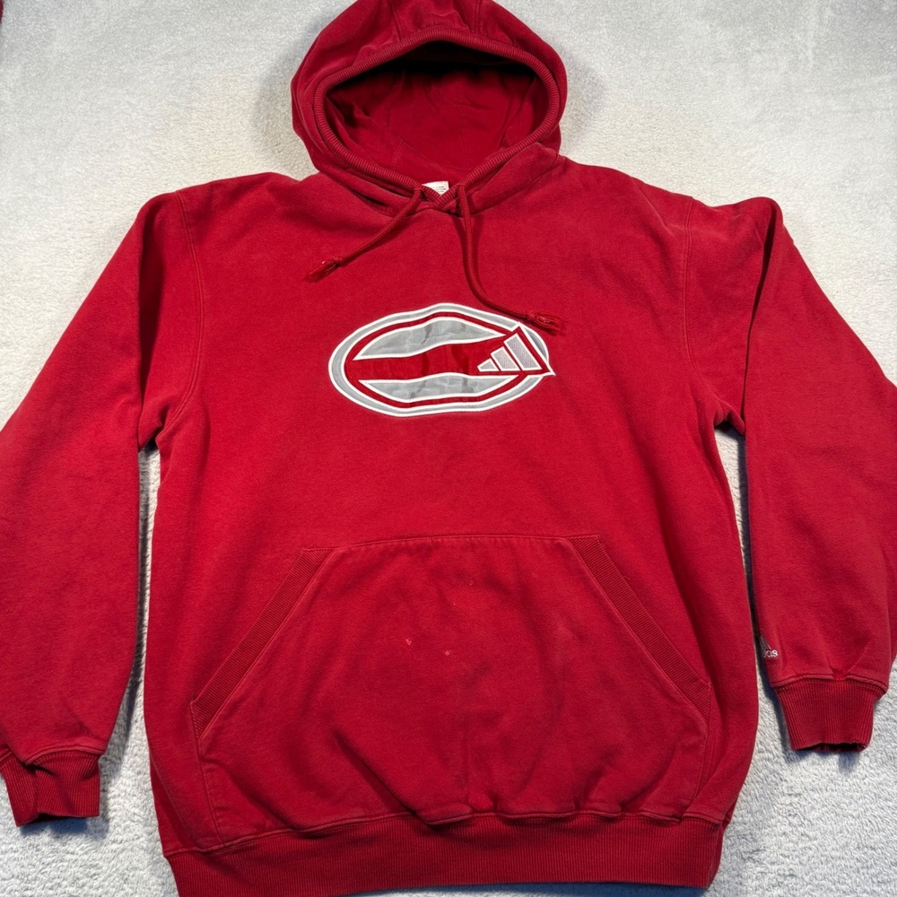 Adidas Hoodie Mens M‎ Red Vintage 90s Embroidered Graphic Sweatshirt Oversized